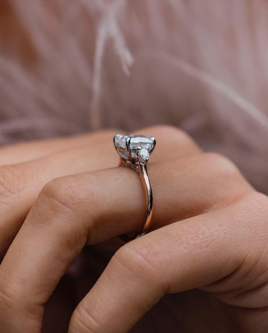 2.2 Carat Cushion Cut And Pear Camilla Natural Diamond Two-Tone 14k White And Rose Gold With a Pink Diamond Bridge