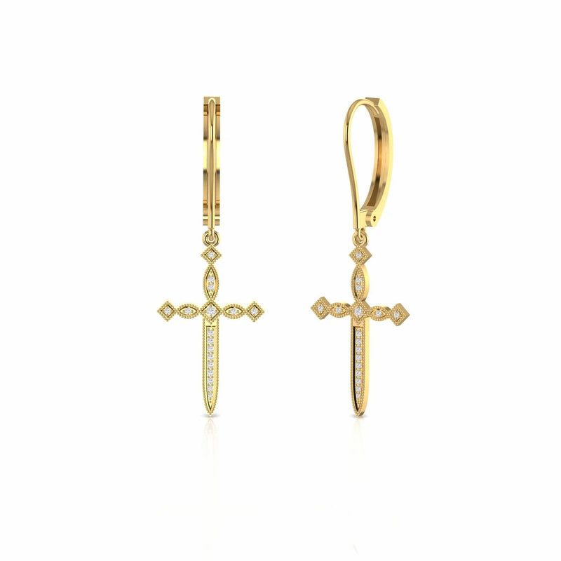 0.18 Carat Natural Diamond Cross Religious Dangling Earrings