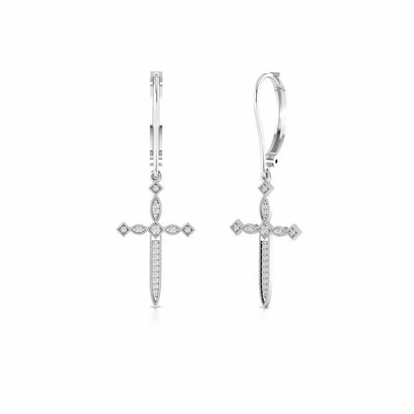 0.18 Carat Natural Diamond Cross Religious Dangling Earrings