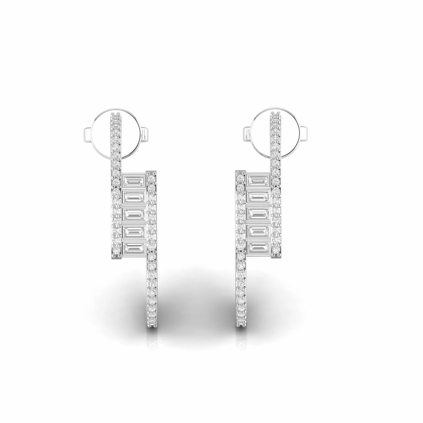 Baguette and Round Natural Diamond Open Classic Huggie Earrings