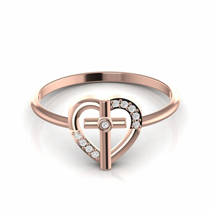 Cross Religious Round Natural Diamond Heart Engagement Ring