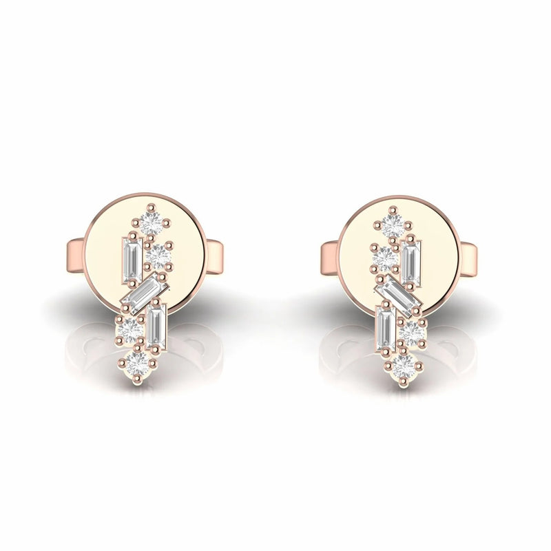 Baguette and Round Natural Diamond Dainty Stud Earrings