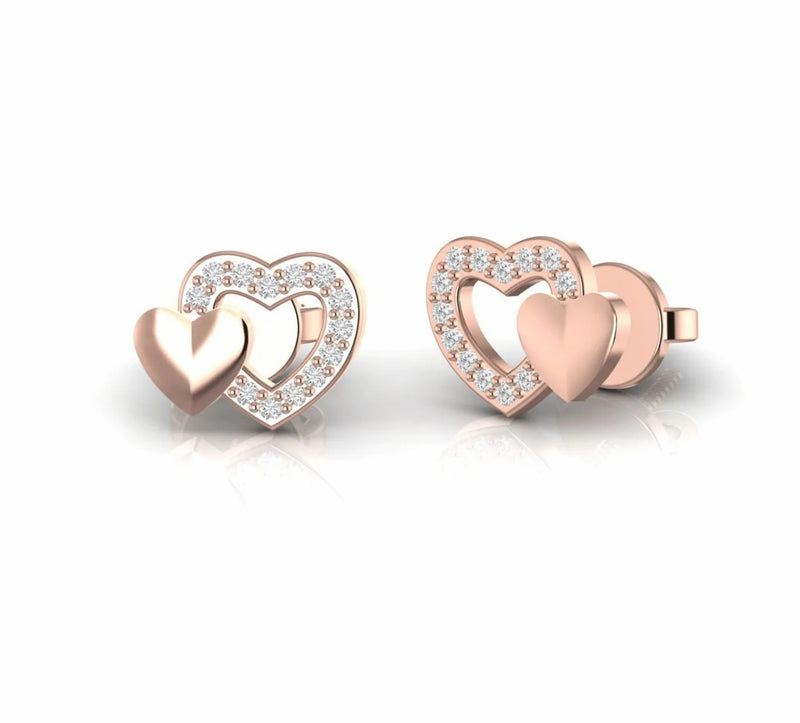 Double Heart Natural Diamond Minimalist Stud Earrings