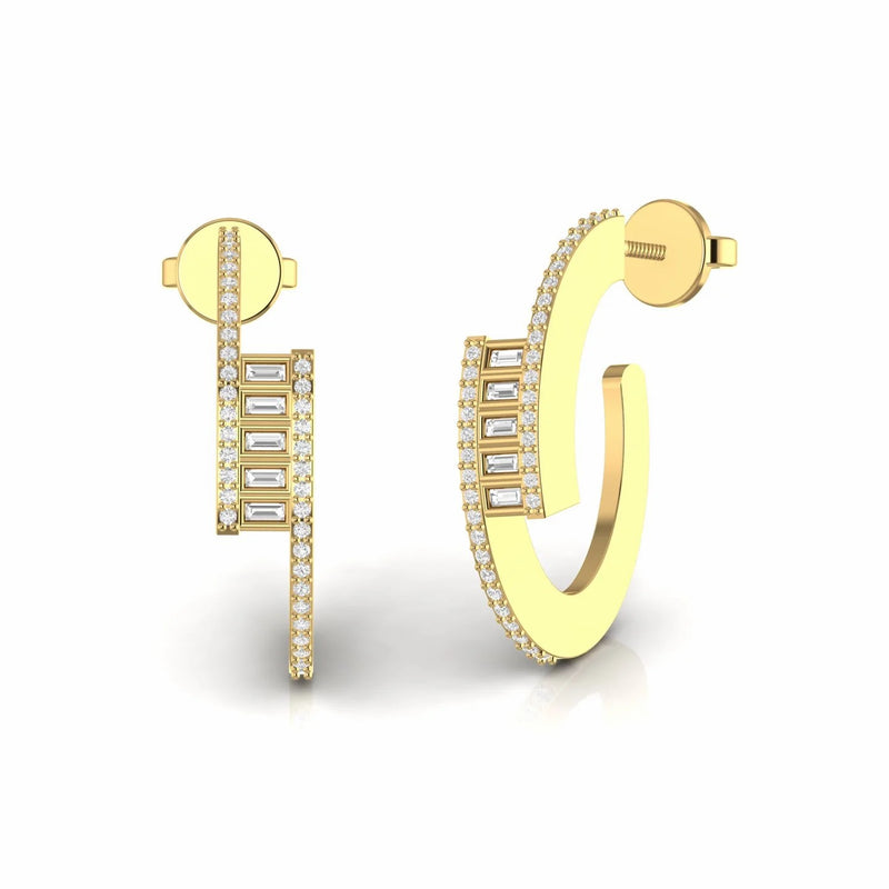 Baguette and Round Natural Diamond Open Classic Huggie Earrings